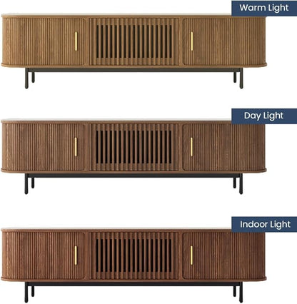 POVISON Sliding Tambour Door TV Stand, Mid Century Modern Sintered Stone TV Console, Wood Media Console for 75 Inch TV, Entertainment Center with Storage Cabinet, Fully-Assembled (Walnut, 78.74")