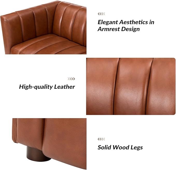 HULALA HOME 83" Genuine Leather Sofa with Channel Tufted Design, 3-Seater Sofa for Living Room Bedroom, Modern Oversized Couch with Wood Legs, Brown