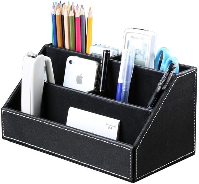 KINGFOM 5PCS Desk Organizer and Accessories Set, Pu Leather Office Supplies with Multifunction Desktop Organizer Box, Tissue Holder, Mouse Pad, Note Paper Holder, Pencil Holder for Desk Black