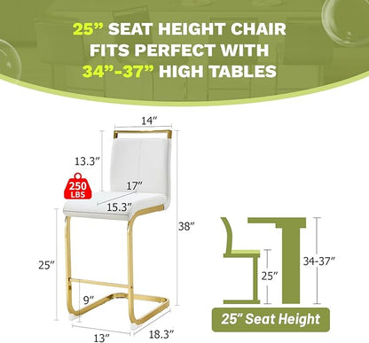 Bar Stools Set of 4,Gold Bar Stools with Back,25" White Island Chairs with Gold Chrome Plated Metal Leg,Faux Leather Counter Height Barstools for Pub Kitchen Counter Dining Chair