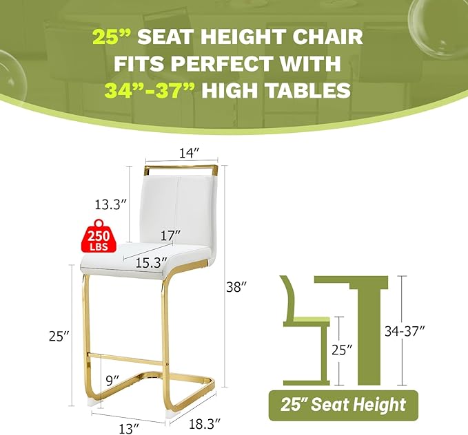Counter Height Bar Stools Set of 2,Bar Stools with Back,25" White Island Chairs with Gold Chrome Plated Metal Leg,Faux Leather Barstools for Pub Kitchen Counter Dining Chair