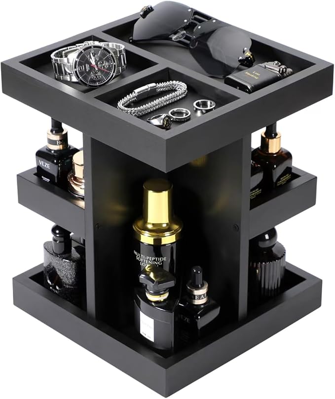 EXIN DECHEN Cologne Organizer for Men,Cologne Stand,3 Tier Large Capacity Wood Perfume Shelf with Rotate,Desk & Nightstand Organizer,Mens Husband Birthday Gifts Ideas,Gifts for Men(Black)