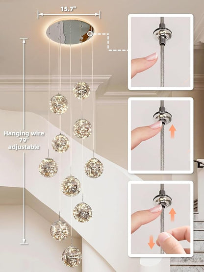 10-Light High Ceilings Long Chandeliers LED Staircase Chandelier High Ceiling Chandelier for Entryway,Modern Crystal Long Pendant Light, Adjustable Length 16" W x79 H，50W