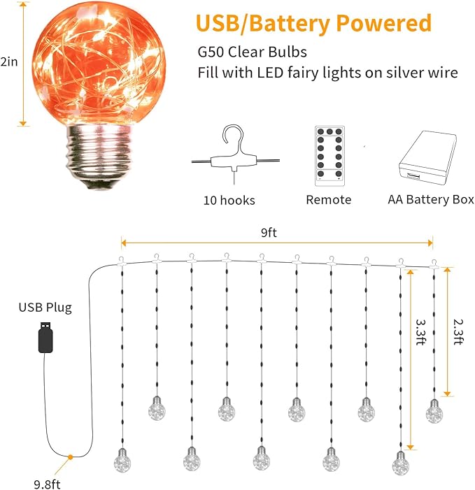 YOLIGHT Wishing Ball Curtain Lights 200 LED Window Curtain String Lights with Remote, USB Battery Powered Twinkle Globe Fairy Lights for Party Bedroom Christmas Halloween Decoration (Orange)