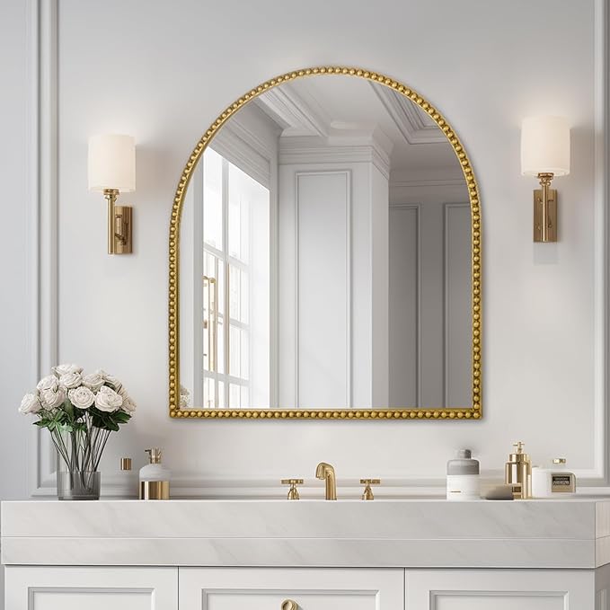 28x26 Inch Arched Bathroom Mirror, Antique Gold Wall Mirror Metal Beaded Frame, Vanity Mirror for Dresser Living Room Bedroom Mantel Entryway Hallways
