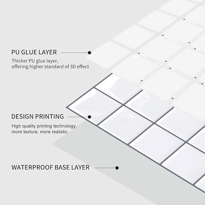 Alwayspon 10 Sheets 10"x10" White 3D Vinyl Backsplash Tiles, Self-Adhesive Peel and Stick Wall Tile Stickers Stick on Subway Tiles for Kitchen Bathroom Wall