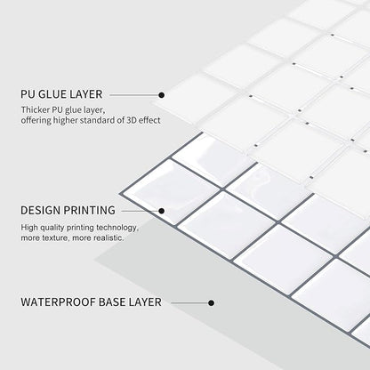 Alwayspon 10 Sheets 10"x10" White 3D Vinyl Backsplash Tiles, Self-Adhesive Peel and Stick Wall Tile Stickers Stick on Subway Tiles for Kitchen Bathroom Wall