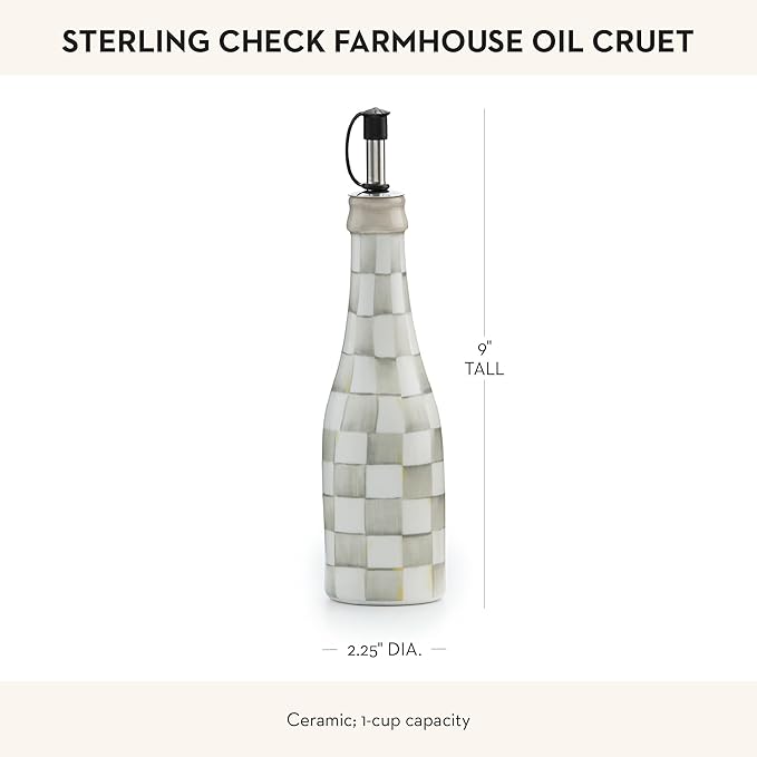 MACKENZIE-CHILDS Farmhouse Oil Cruet, Ceramic Oil Dispenser Bottle, Gray-and-White Sterling Check