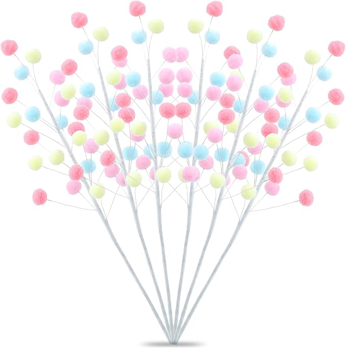 6 Pcs Pastel Pom Poms Christmas Decorations & Felt Christmas Picks and Sprays DIY Xmas Tree Toppers, Easter Deocrantions Festive Tree Filler & Easter Decor (Pastel Colors)