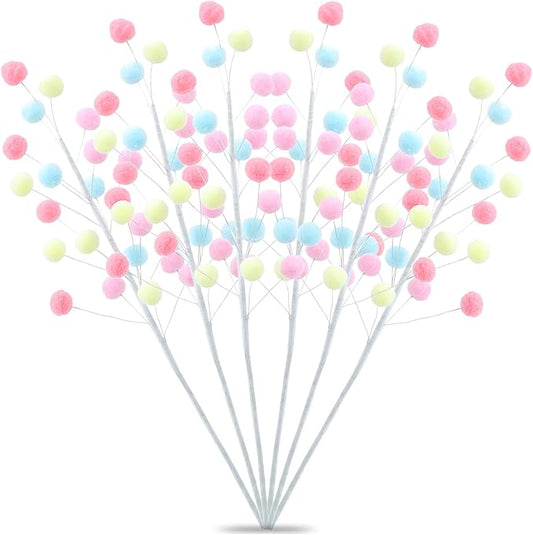 6 Pcs Pastel Pom Poms Christmas Decorations & Felt Christmas Picks and Sprays DIY Xmas Tree Toppers, Easter Deocrantions Festive Tree Filler & Easter Decor (Pastel Colors)