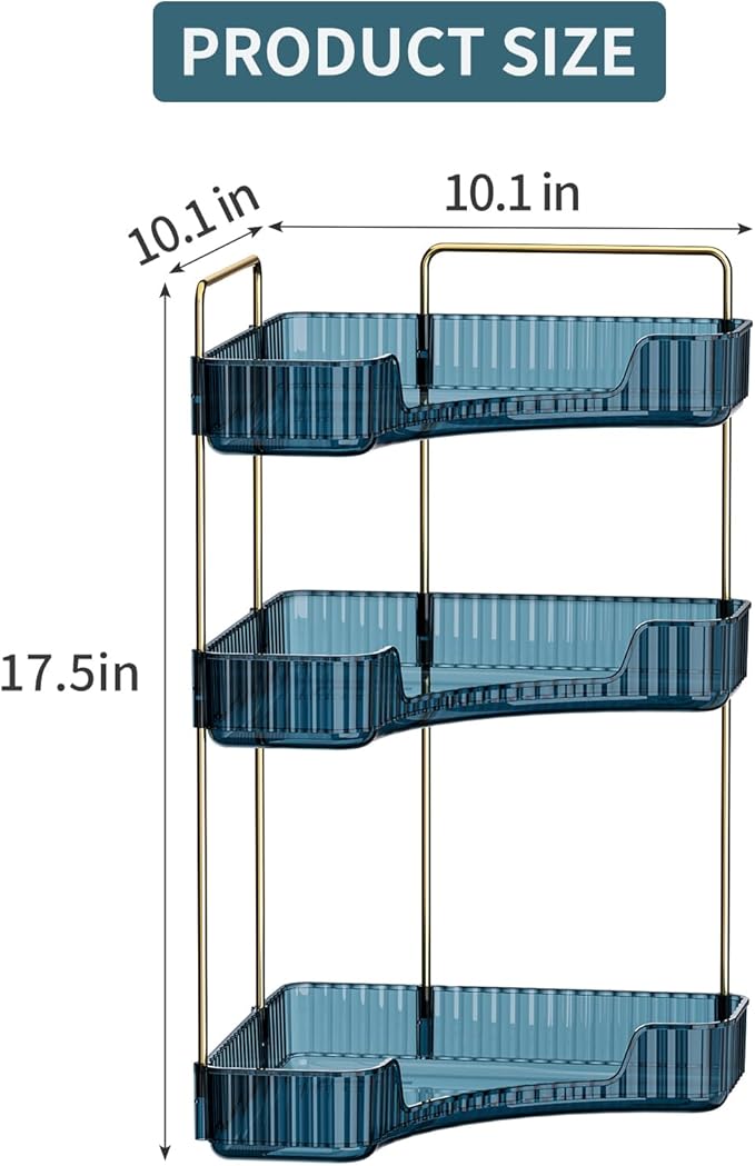 Corner Bathroom Counter Organizer Bathroom Countertop Shelf Makeup Organizer for Vanity Perfume Corner Storage (3 Tiers, Blue)