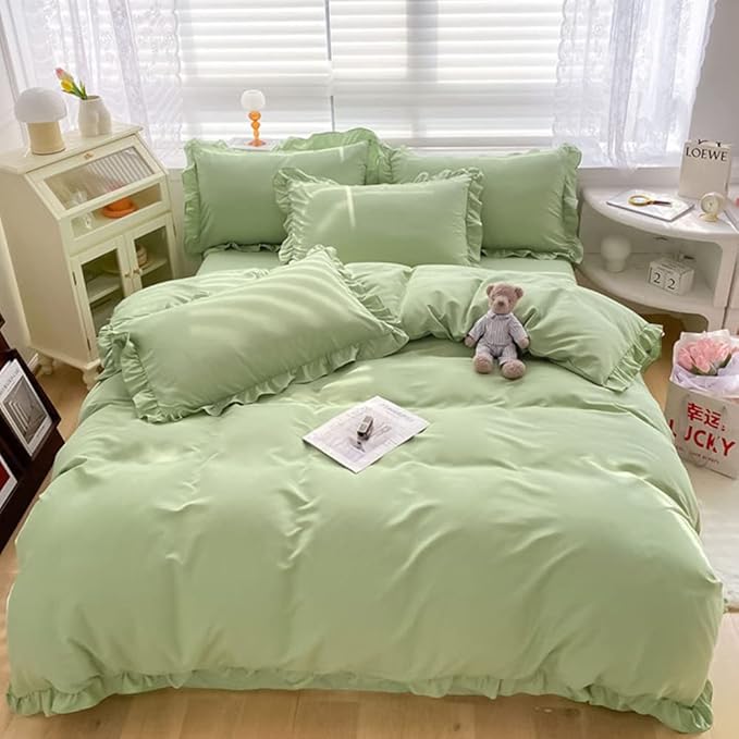 CLOTHKNOW Green Ruffles Comforter Sets Full 3Pcs Farmhouse Bedding Comforter Sets Soft Shabby Chic Comforter with 2 x Pillow Cases