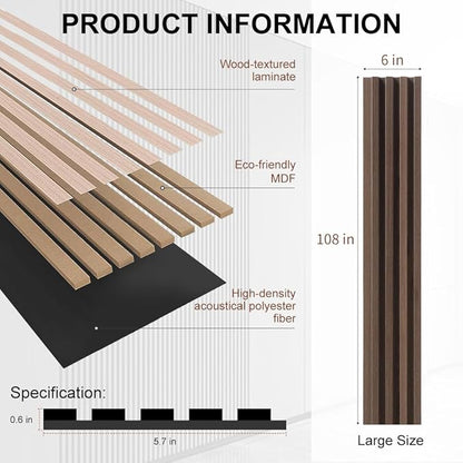 2PCS Wood Slat Acoustic Wall Panels for Ceiling and Wall Decor 3D Fluted Sound Absorbing Textured Panel with Wood Finish 108"×6" (Cherry Dark)