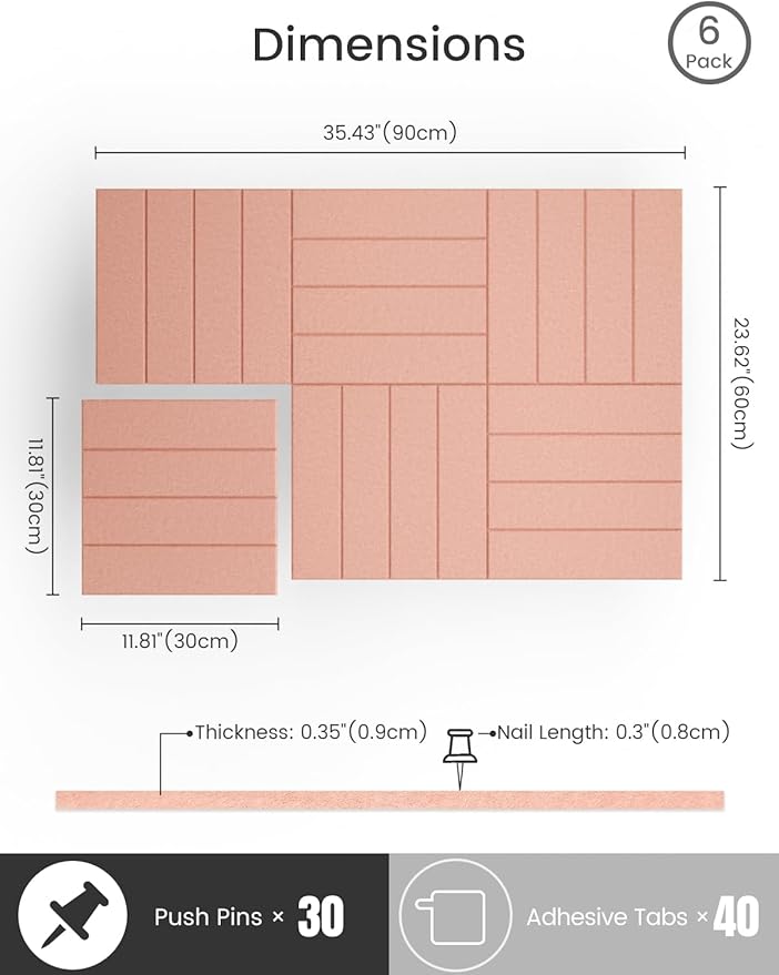 Bumusty Large Cork Board Alternative-36 x24 Felt Bulletin Board Tiles, with 30 Pushpins, 40 Adhesive Tabs, 6-Pack Slat Wall Paneling, Cork Boards for Office Push Pin Board Felt Board-Pink