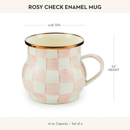 MACKENZIE-CHILDS Enamel Mug, Cute Enamelware Coffee and Tea Mug, Unique Drinkware, 16 Ounces, Pink-and-White Rosy Check, Set of 4