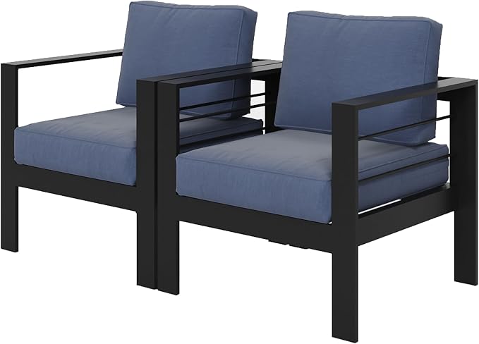 Wisteria Lane 2 Pieces Patio Furniture Aluminum Outdoor Chair , All-Weather Outdoor Chair, Black Metal Chair with Blue Cushions