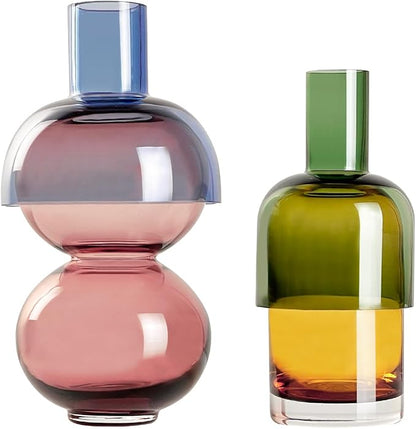 Cloudnola Reversible Glass Flower Vase and Bud Vase Set of 2, Pink & Blue and Green & Yellow, Ideal Gift Set, for Home, Wedding, and Event Décor (Cherry)