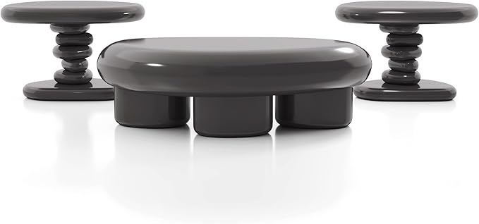 24/7 Shop at Home Kavren Modern 37-inch 3-Piece Oval Glossy Low Profile Coffee Table Set, Stone Shape Living Room Furniture for Small Space, Dark Grey