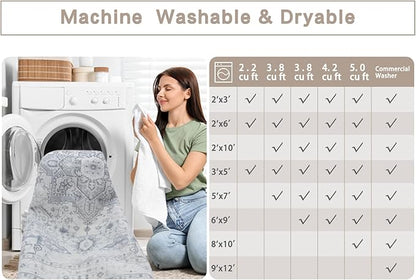 Area Rug 6x9 Washable Area Rugs for Living Room- Ultra Soft Non-Shedding Faux Wool Bedroom Rug Large Grey Vintage Print Rugs with Non Slip Rubber- Indoor Retro Foldable Carpet for Dining Room