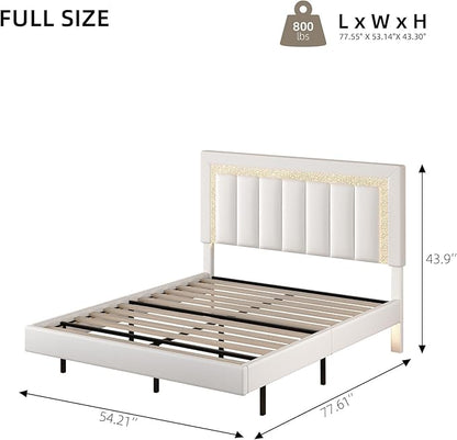 HOMBCK Floating Bed Frame Full with Smart LED Lights, Faux Leather Upholstered Platform Bed with Diamond PU Headboard, No Box Spring Needed, Noise-Free, Easy Assembly, White