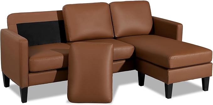 Small Sectional Sofa L Shape Convertible Leather Sleeper Couch with Lounge for Living Room Office Apartment, Brown