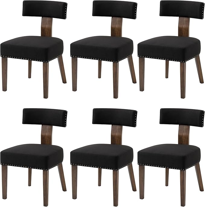 Upholstered Wooden Farmhouse Dining Chairs Set of 6, Mid-Century Modern Fabric Dining Room Chairs with Wood Legs, Curved Backrest Kitchen Armless for Living Room, Black