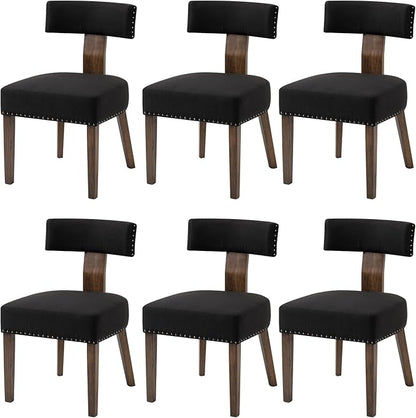 Upholstered Wooden Farmhouse Dining Chairs Set of 6, Mid-Century Modern Fabric Dining Room Chairs with Wood Legs, Curved Backrest Kitchen Armless for Living Room, Black