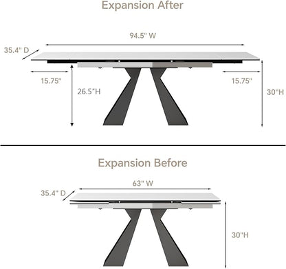 Extendable Dining Table for 8-12 Seat Flexible Stretch Tabletop Made from Sintered stone Tempered Glass Solid Carbon Steel Base, White