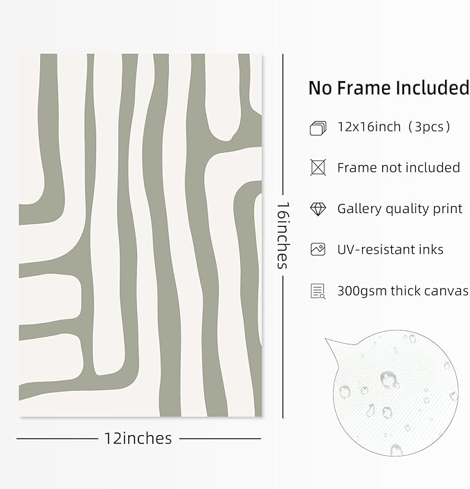 Minimalist Neutral Wall Art Decor Sage Green Boho Canvas Poster Abstract Modern Painting Wall Art Mid Century Beige Pictures Prints Gallery Line Wall Art for Bedroom 12x16 Inch Unframed Set of 3
