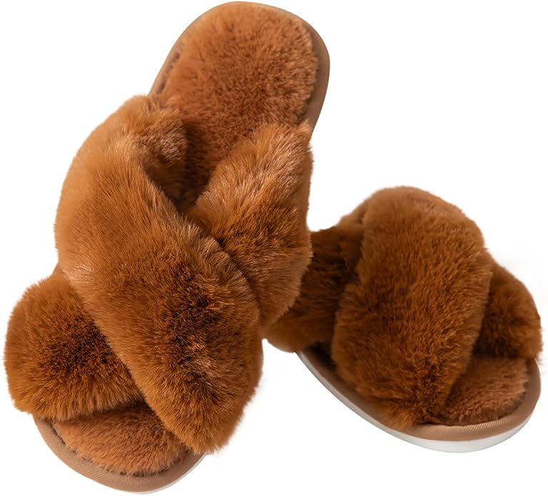 Women's Slipper Memory Foam Cross Band Fuzzy Slippers Open Toe Cozy House Slippers Cozy Plush Bedroom Indoor Outdoor
