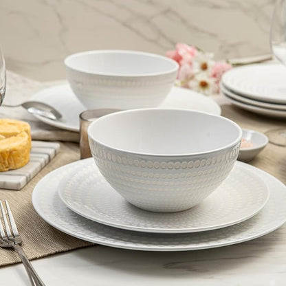 BZYOO Ceramic Dinnerware Set Serive for 4 (12 Pieces), Stoneware Plates and Bowls for Dining Pearl White Dishes Set With DOTDOT Design, Microwave Safe (12 PCS Dishes and Bow set, Bijou Collection)