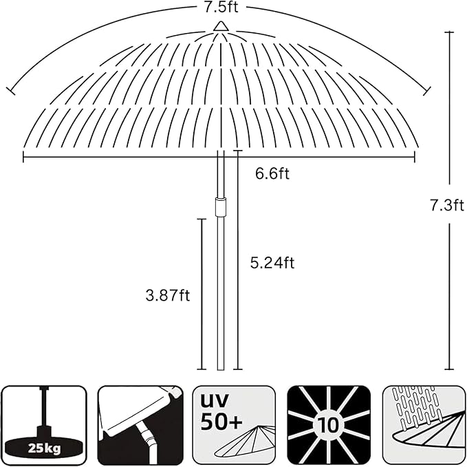 AMMSUN 7.5ft Hula Thatched Tiki Patio Beach Umbrella Hawaiian Style 10 Ribs UPF 50+ with Tilt Carry Bag for Outdoor Tiki Bar, Tropical Palapa, Patio Garden Beach Pool Backyard Yellow