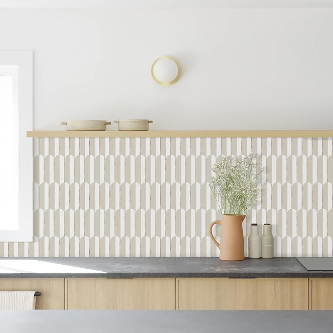 Vamos Tile Peel and Stick Backsplash Seamless Tile for Kitchen,White and Essaouira White Grey PVC Mixed Light Gold Self Adhesive Fish Scale Metal Mosaic Tiles (10 Sheets)