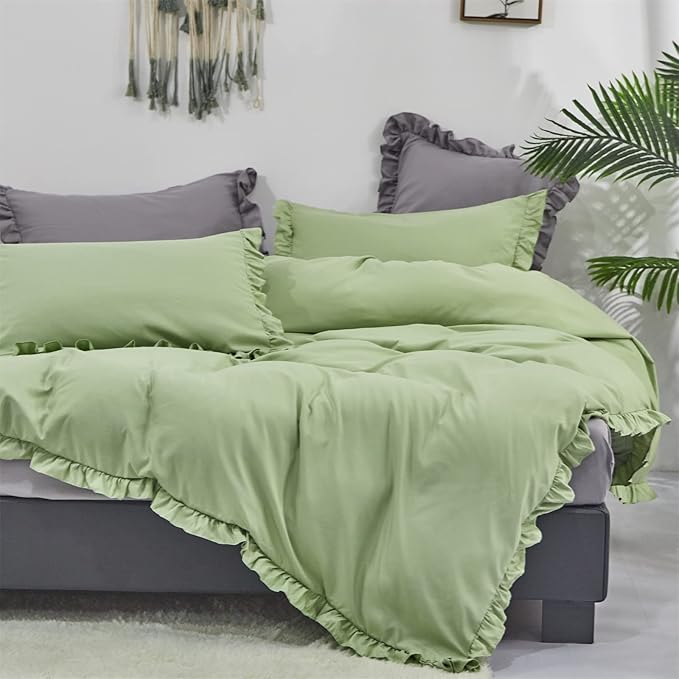 CLOTHKNOW Green Ruffles Queen Comforter Set 3Pcs Farmhouse Bedding Comforter Sets Soft Sage Green Comforter with 2 x Pillow Cases