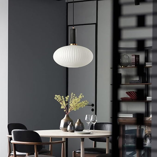 Modern Pendant Lights, Black Lamp Holder Pendant Light Socket White Glass Pendant Lamp Shade,LED Hanging Light (Black, Large)