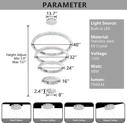 5 Ring Large Crystal Chandelier Modern LED Dimmable High Ceiling Chandelier Ring Contemporary Pendant Light Fixture for Living Room Foyer Staircase Gold D40''