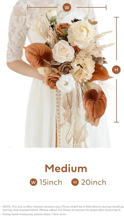 Ling's moment Boho Bridal Bouquet Cascading, Rustic Wedding Bouquets for Bride, 15 Inch Silk Fall Artificial Wedding Flower Bouquet