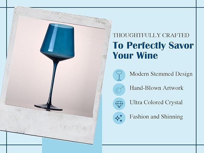Physkoa colored wine glasses set of 6 hand blown wine glasses (Midnight Blue)