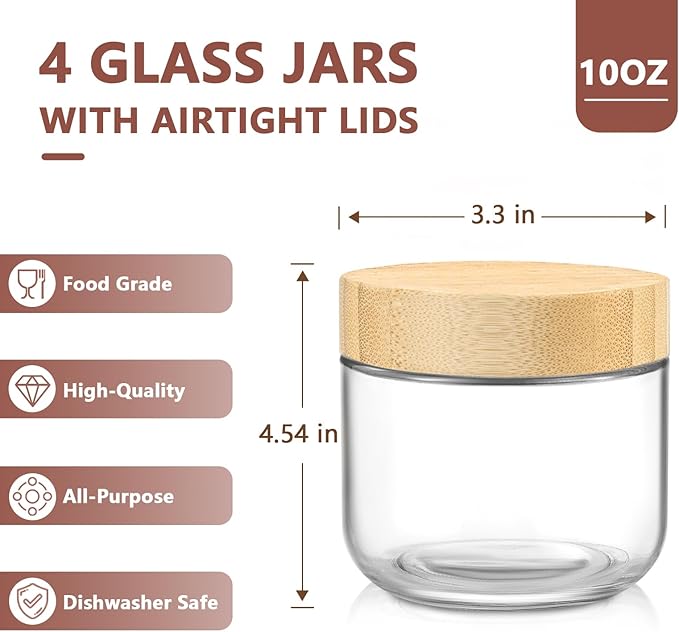 DRKIO 10 Oz Overnight Oats Containers with Bamboo Lids - 4 Pack Glass Storage Jars with Airtight Lids Wide Mouth Mason Food Jars Great for Meal Prep Salad Chia Pudding Snacks Yogurt Sugar Spice