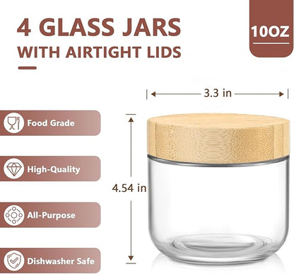 DRKIO 10 Oz Overnight Oats Containers with Bamboo Lids - 4 Pack Glass Storage Jars with Airtight Lids Wide Mouth Mason Food Jars Great for Meal Prep Salad Chia Pudding Snacks Yogurt Sugar Spice