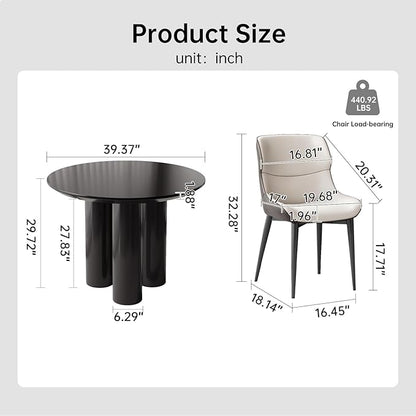 5 Pieces 39.37" Black Round Dining Table and 4 Upholstered Chairs for 4-6 Person, MDF Table-top, Light Velvet Chairs with Black Metal Leg for Kitchen, Reception Room,Round Coffee Table Set
