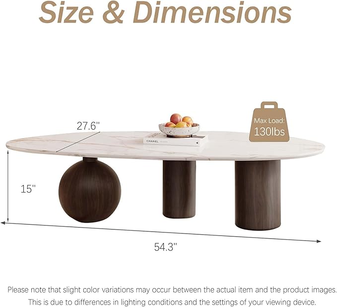 Small Oval Coffee Table, Mid Century Vintage Coffee Table for Living Room White Center Minimalist End Table with Marble Top and Wooden Finished Metal Base