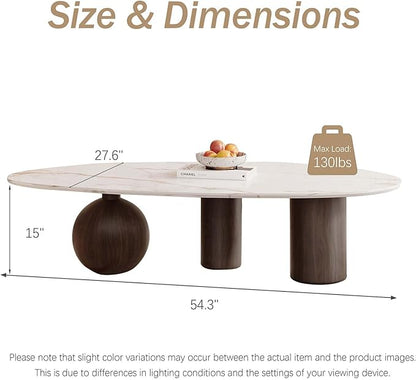 Small Oval Coffee Table, Mid Century Vintage Coffee Table for Living Room White Center Minimalist End Table with Marble Top and Wooden Finished Metal Base