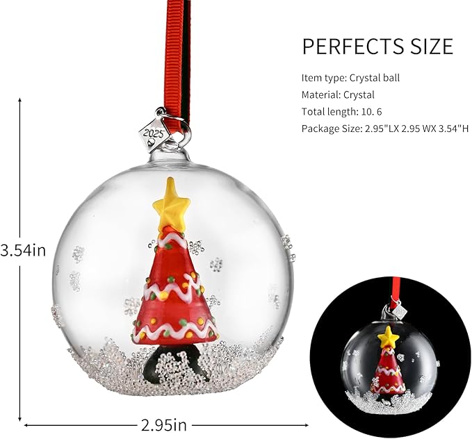 2025 Crystal Clear Glass Ball Christmas Ornament, Modern Tree Decoration with Red Ribbon (Christmas Tree)