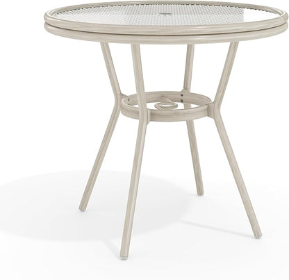 Martha Stewart Lily Pond 31” Round Indoor Outdoor Bistro Dining Table with Aluminum Frame in Gray Woodgrain and Rattan Top in White/Gray with Tempered Glass Top