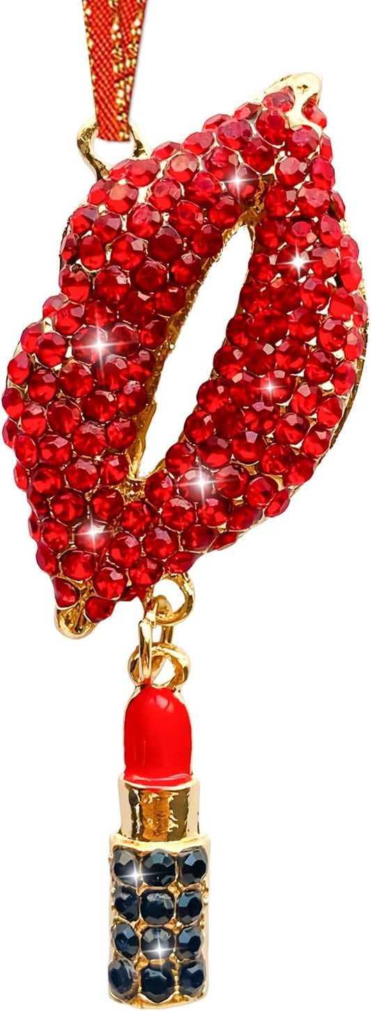 Red Lips Christmas Ornament Red Rhinestones Lip Ornaments for Christmas Tree Metal Lip Hanging Christmas Ornaments Decorations Sexy Lips Xmas Tree Keepsake Gifts for Women Girls Sister Mom