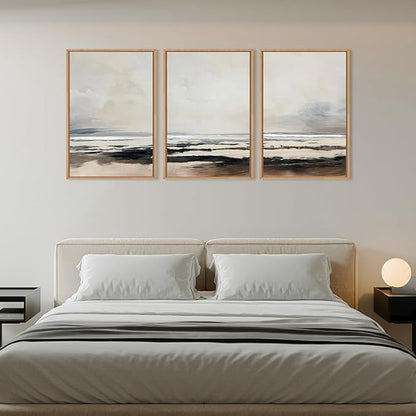 HOURIA Large Neutral Abstract Gray Framed Wall Art Set,Minimalist Modern Beige Brown Landscape Wall Decor,Wilderness Filed Artwork,Watercolor Misty Lake Print for Living Room,Bedroom,Office-16 x24 x3