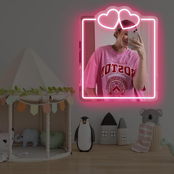 Heart Mirror Neon Sign, Beauty Salon Mirror Decor, Dorm Room, Valentine's Day Gifts,Gifts For Her, Vanity Wall Hallway Decor, Girls Room, Boho Mirror Wall Sign Art Gift