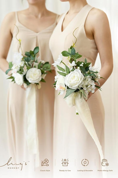 Ling's moment Artificial Flowers White Bridesmaid Bouquet, White & Sage Wedding Flowers Bouquets for Bridesmaids, 7 Inch Bridal Bouquets for Bridesmaids, Wedding, Ceremony, Anniversary, etc