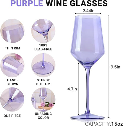 Physkoa Lavender Purple Wine Glasses Set of 6-15oz Hand Blown Crystal Colored Wine Glasses with Long Stem, Wedding, Birthday, Christmas Glassware Gifts for Lovers